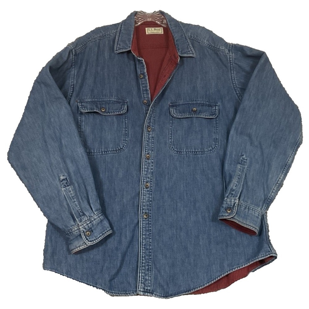Vintage LL Bean Chore Jacket Mens Sz L Blue Shacket Denim Flannel Lined Made USA